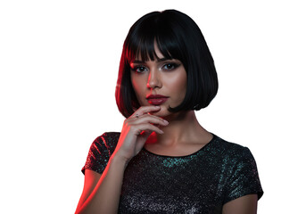 Isolated Brunette Woman with Bob Hairstyle and Reflective Black Dress