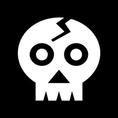 A cracked white skull icon isolated on a black background