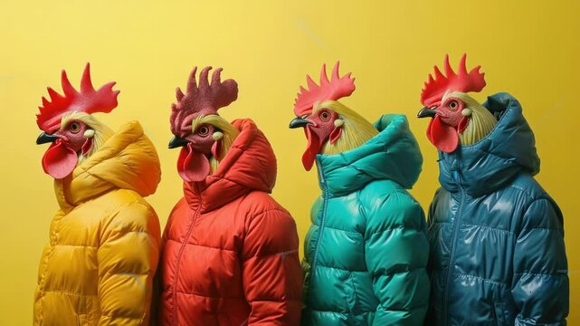 A group of chickens dressed up in bright, vibrant jackets for a fun and playful occasion