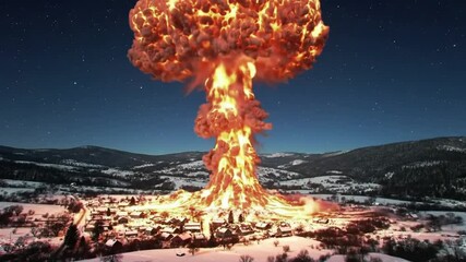 Aerial view of a large explosion Near an Air base area , A mushroom cloud over a city with fields and a cloudy sky in the background - Powered by Adobe