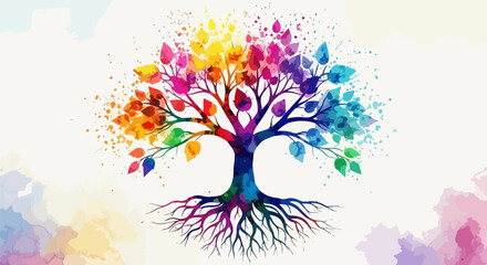 A symbolic representation of life, growth, and unity through a watercolor tree filled with colorful splatters and flowing lines