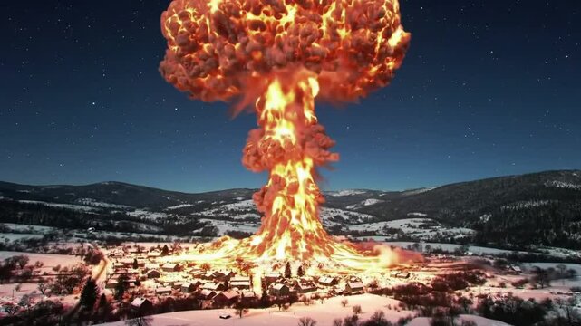 Aerial view of a large explosion Near an Air base area , A mushroom cloud over a city with fields and a cloudy sky in the background