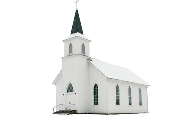 Isolated White Church with Snow Winter Season