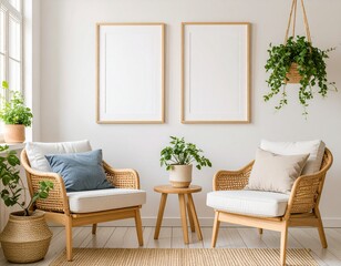 mock up poster frame in modern interior background, living room, Scandinavian style, 3D render, 3D illustration