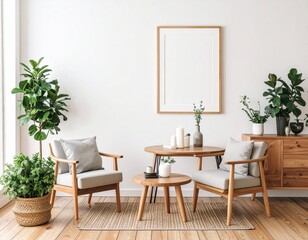 mock up poster frame in modern interior background, living room, Scandinavian style, 3D render, 3D illustration