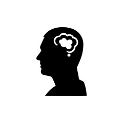 A silhouette of a mans head with a thought bubble inside isolated on white background