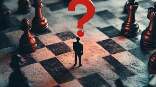 A solitary figure stands on a chessboard, pondering a strategic move amidst towering pieces
