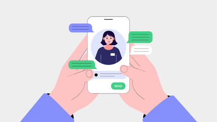 user's hands holding smartphone with customer service chat, vector illustration for online store support, live chat assistance and mobile helpdesk