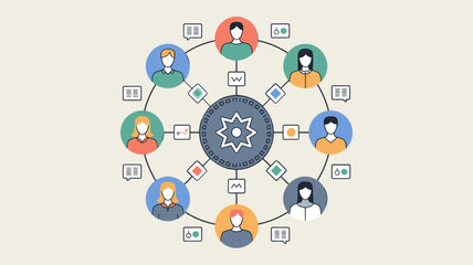 network of user avatars in a circle, vector illustration for a decentralized autonomous organization structure, blockchain governance and peer-to-peer community