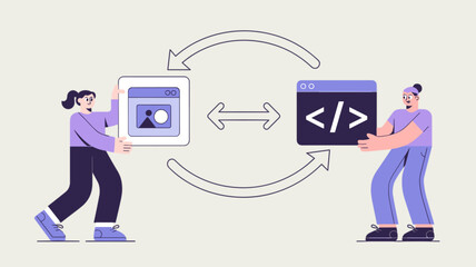 designer and developer exchanging ui and code, vector illustration for design handoff to development, collaborative workflow and agile software process