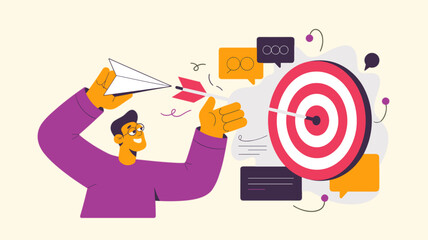 marketer launching paper plane hitting target bullseye, vector illustration for digital marketing strategy, campaign success and achieving business goals