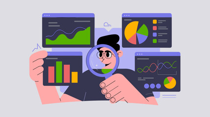 data analyst with magnifying glass examining dashboards, vector illustration for digital ad performance analytics, data visualization and business intelligence reporting