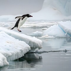 Adelie penguin jumping between two ice floes