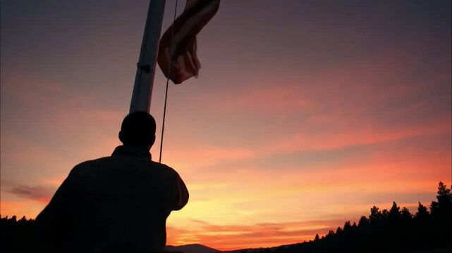 Person Raising Large Flag on Flagpole Against Vibrant Sunrise Sky with Inspiring Atmosphere