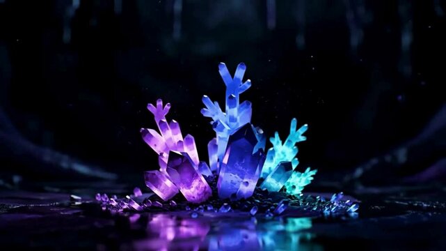 Hypnotic macro 4K loop of glowing crystals growing in a dark cavern. Amethyst, sapphire, and teal hues with drifting dust particles. Hyper-realistic seamless CGI animation.

