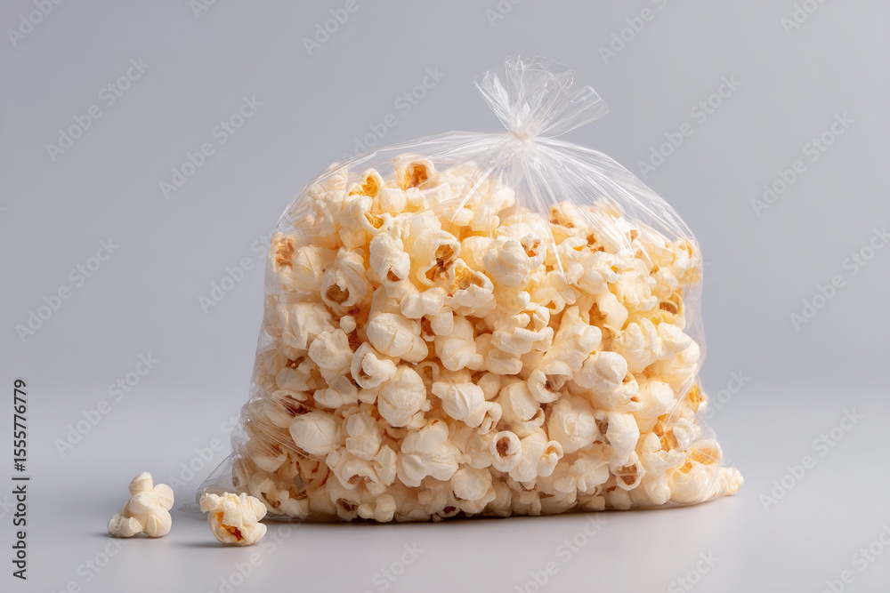 Poster a bag of golden popcorn is displayed against a light gray background, inviting viewers to enjoy this