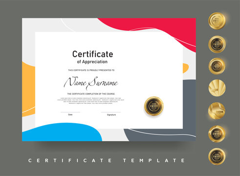 Bright and modern certificate template featuring colorful abstract shapes and a golden award badge suitable for education or recognition