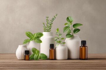 Aromatic extracts still life featuring essential oil bottles nestled among elegant white vases holding fresh herbs and foliage on wood.