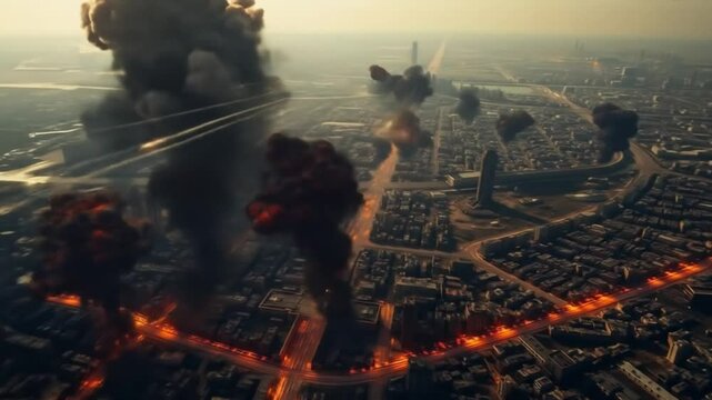 Aerial view of city under attack with explosions and smoke plumes rising up