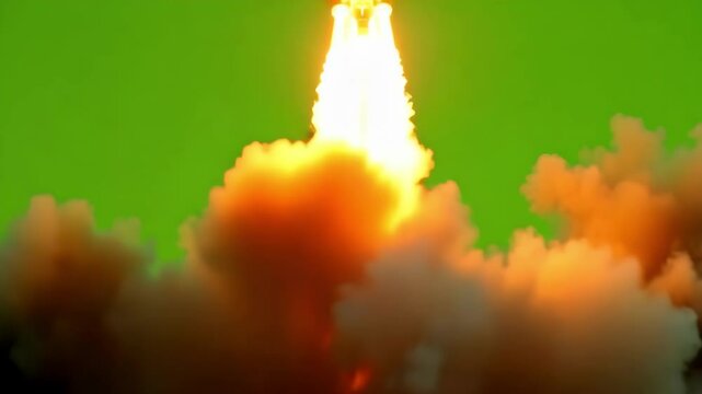 A dark gray ballistic missile ascends powerfully during its initial launch phase, expelling intense orange and yellow flames from its base.