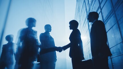 Silhouettes of business people in a handshake at a modern office.