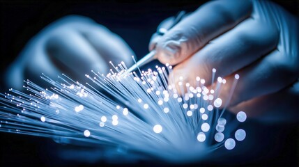 Intricate fiber optics installation with gloved hands.