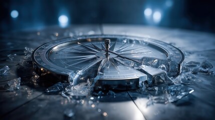 Shattered compass on a reflective surface with blue lighting.