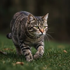 Tabby Cat Walking on Green Grass