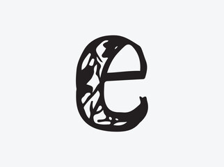 Lowercase letter e in bold grunge calligraphy with rough outline.