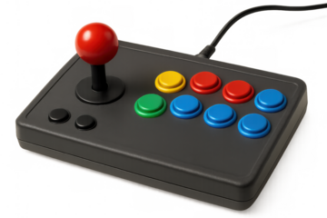 Black wired retro arcade joystick with colorful buttons, red ball top joystick, and transparent background, ideal for gaming and entertainment projects