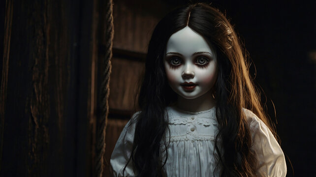 Creepy Porcelain Doll's Eerie Gaze: A chilling portrait of a vintage porcelain doll, her unblinking eyes, evoking a sense of unease and mystery.