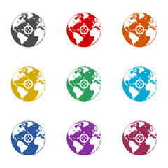 Compass and earth globe icon isolated on white background. Set icons colorful