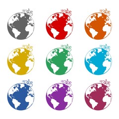 Bike with Wheels in Planet Earth icon isolated on white background. Set icons colorful