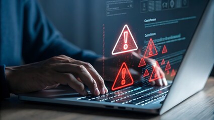 Cybersecurity threat alert on laptop screen with warning symbols and binary code