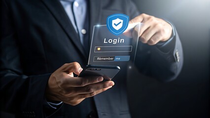 Businessman accessing secure login screen on transparent interface via smartphone