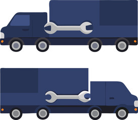 Two Blue Repair Trucks with Wrenches Automotive Service and Maintenance Illustration