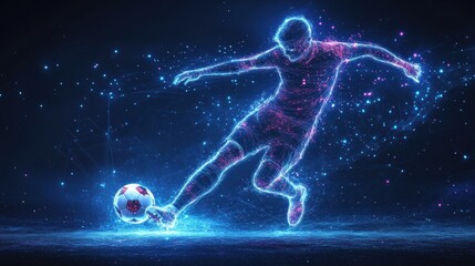 Futuristic digital soccer player made of neon light lines kicking a ball in a high-tech stadium.