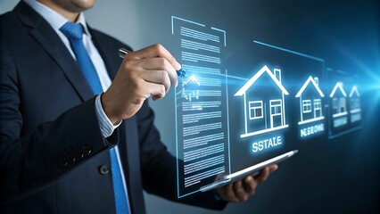 Businessman analyzing real estate data on a futuristic digital interface