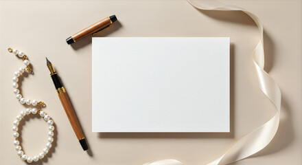 Bridal invitation mockup with pen, ribbon, and pearl necklace  