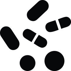 Black and white vector illustration of pills and capsules on a white background