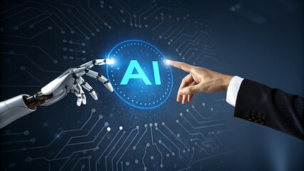 Human hand and robot arm interacting with glowing ai interface on circuit board background