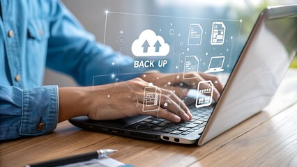 Person using laptop with digital cloud backup and data icons overlay
