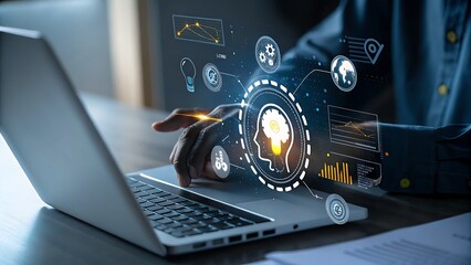 Person uses laptop with futuristic holographic interface displaying data and brain icon
