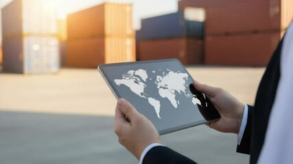 A businessman holds a tablet displaying a world map. The background features shipping containers in a logistics yard. The scene represents global trade and technology. - Powered by Adobe
