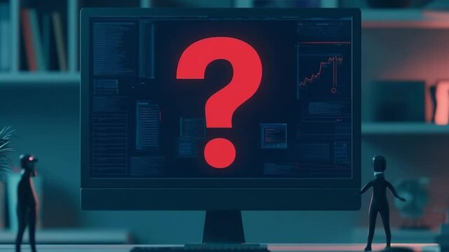Mysterious computer screen displaying a large question mark with data analysis background and figures