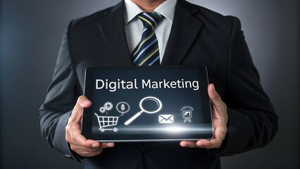 Businessman holding tablet displaying digital marketing icons and text