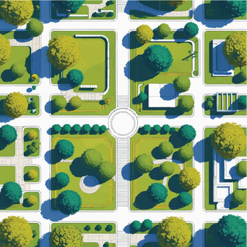 Architectural drawings in minimal style, including top-view elements of people in outdoor park scenes for landscape and site planning.