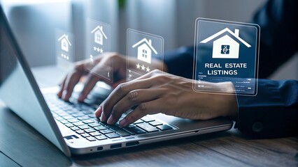 Person browsing real estate listings on a laptop with holographic interface