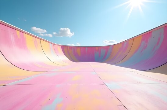 Skatepark concrete background with chalk marks, cracks, and graffiti in soft pastel lavender and banana yellow tones, representing youth energy