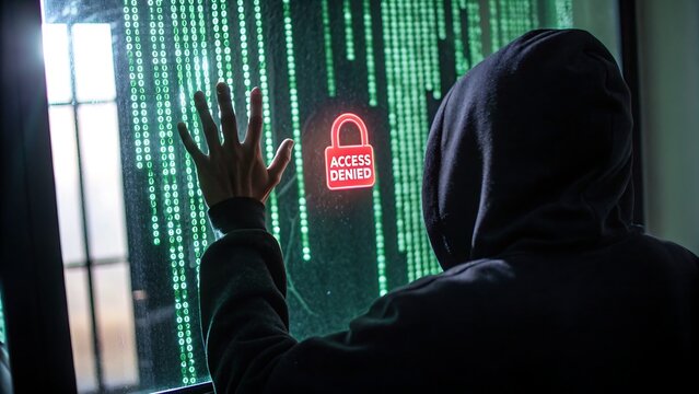 Hacker in hoodie touches screen with access denied message and digital rain - Powered by Adobe